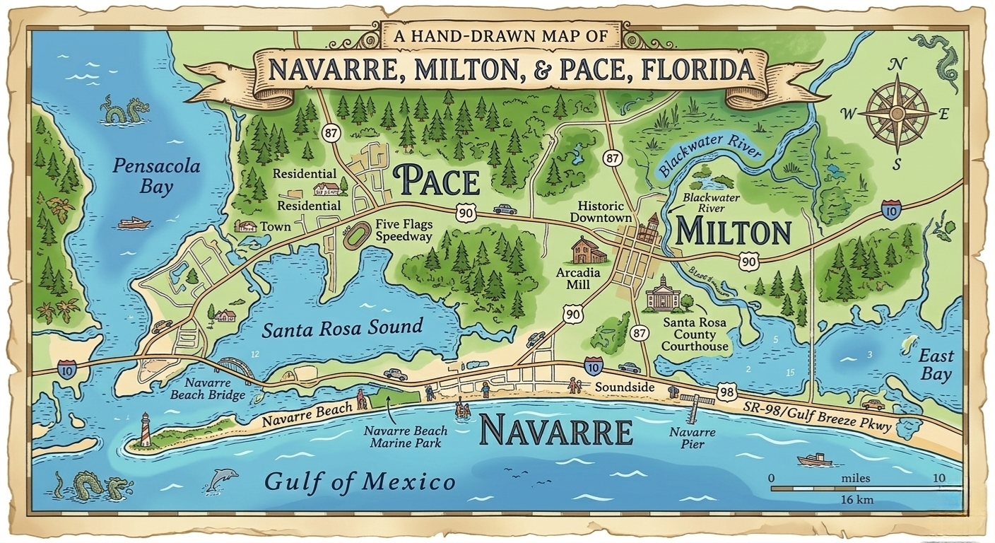 Hand-Drawn Map of Navarre, Milton, and Pace Florida Service Areas